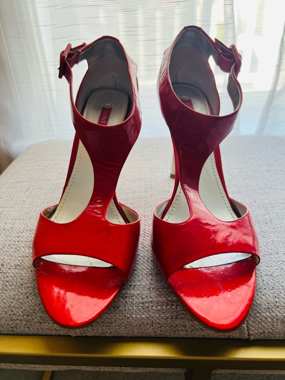 Nine West Glossy Red Patent T-Strap Open-Toe Heels with Ankle Buckle